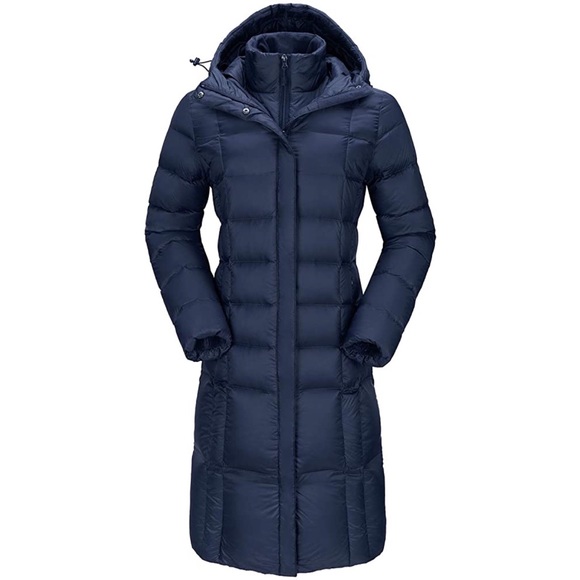 Women's Packable Down Jacket Light Weight Hooded Long Coat Dark